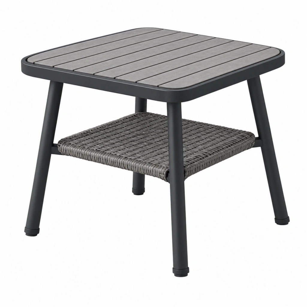Outdoor Beistelltisch 60 x 45 x 50 cm Aluminium Kunststoffgeflecht Grau Schwarz mit Ablage