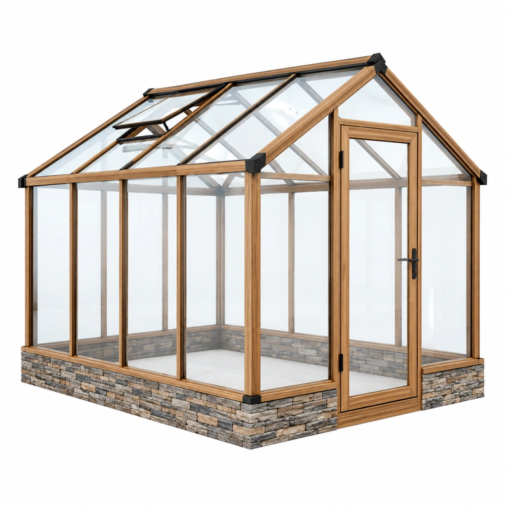 Gewächshaus 300 x 240 x 250 cm Aluminium in Holzoptik Transparent für Garten mit Lüftungsfenster