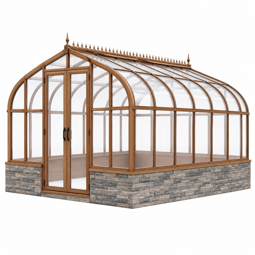 Gewächshaus 400 x 300 x 300 cm in Braun mit transparenten Glasflächen im viktorianischen Stil