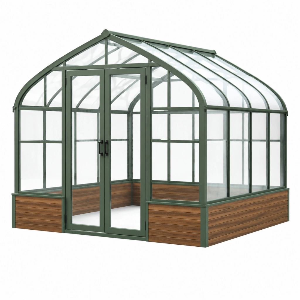 Gewächshaus 240 x 240 x 240 cm aus Metall und transparenten Platten mit Holzeinfassung