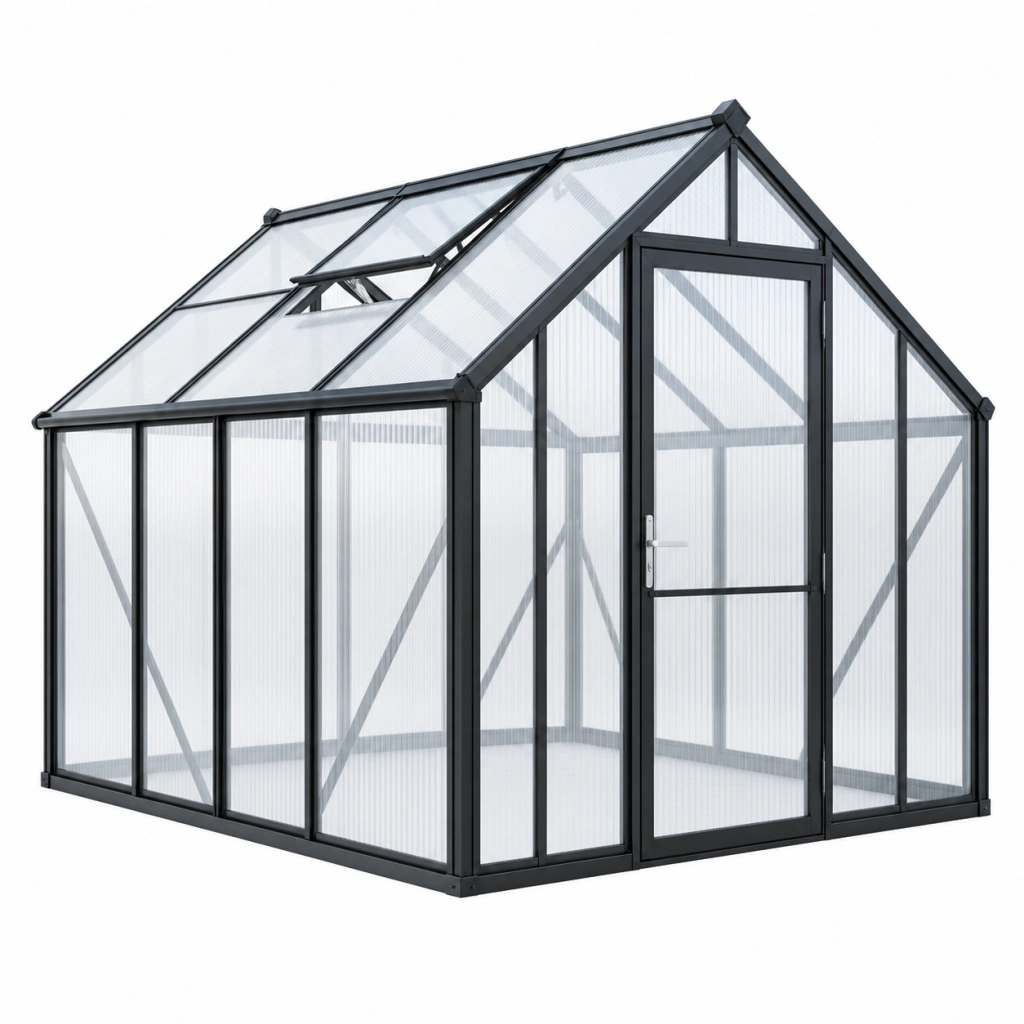 Gewächshaus 190 x 190 x 195 cm Aluminium Polycarbonat Schwarz mit Dachfenster
