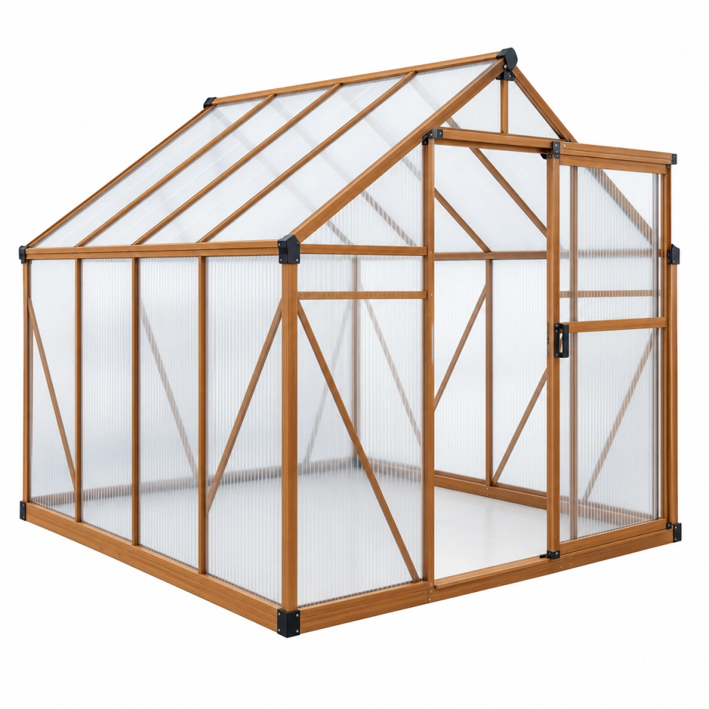 Gewächshaus 190 x 190 x 195 cm Aluminium Polycarbonat Holzoptik mit Schiebetür