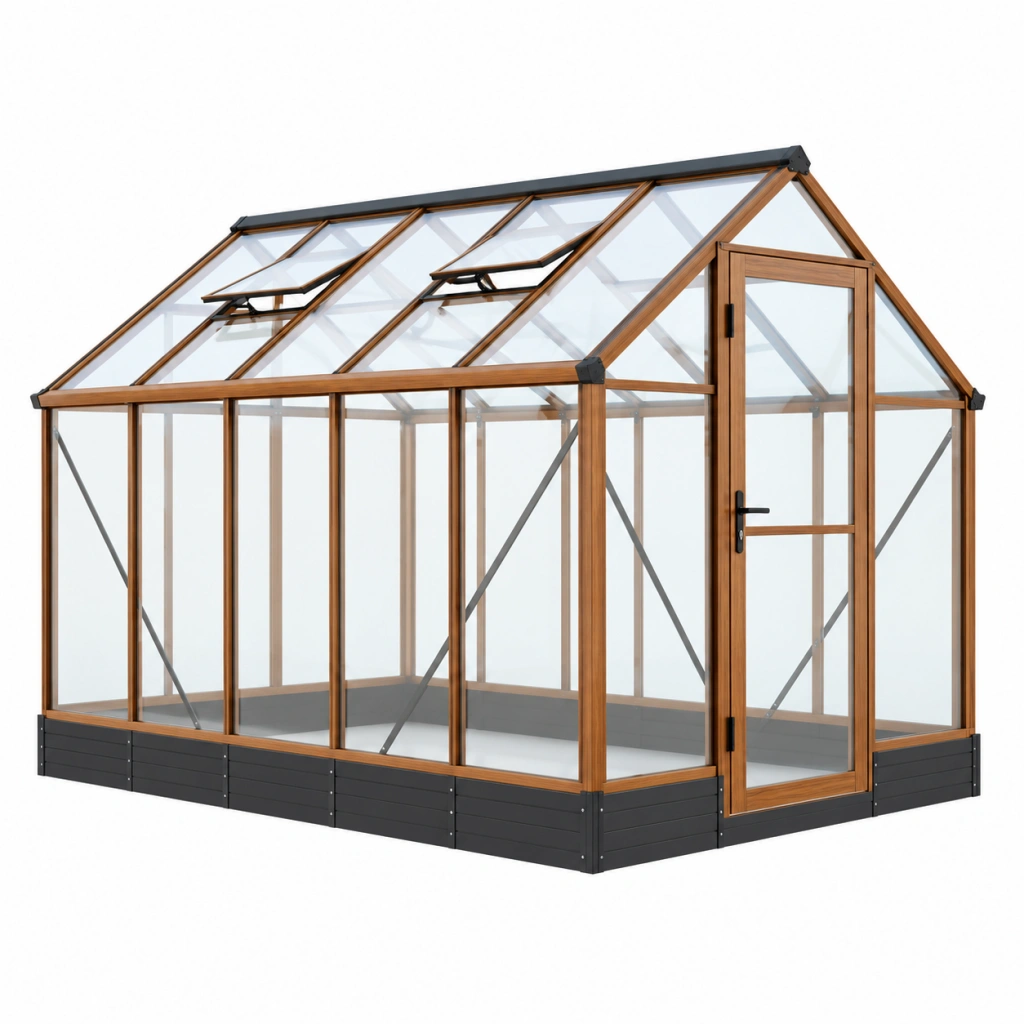 Gewächshaus 240 x 190 x 200 cm Aluminium in Holzoptik mit transparenten Paneelen und Dachfenstern