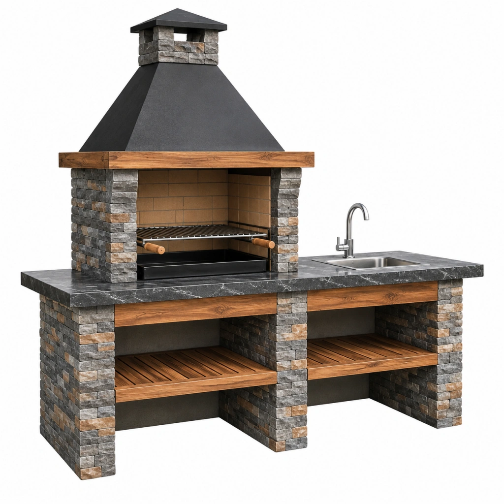 Grillküche 220 x 70 x 240 cm Steinoptik Metall Holz Schwarz Grau mit Spüle und Holzkohlegrill