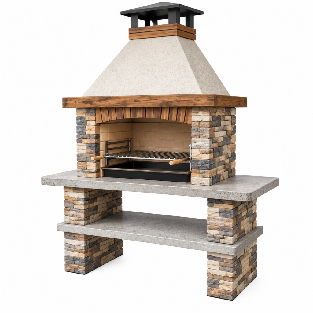 Grillkamin 120 x 70 x 220 cm aus Stein Beton Metall und Holz für den Garten