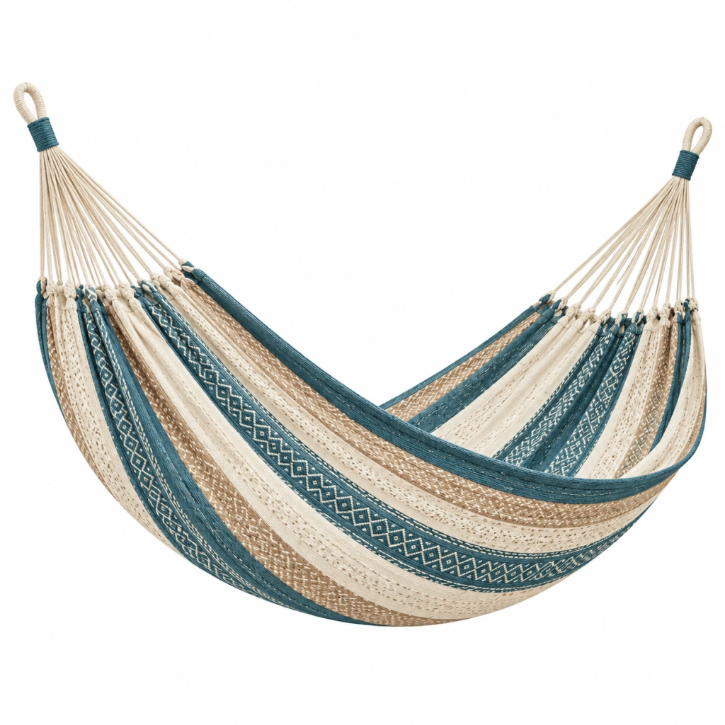 Hängematte 300 x 100 cm aus Baumwolle Blau Beige gemustert für Garten und Innenbereich