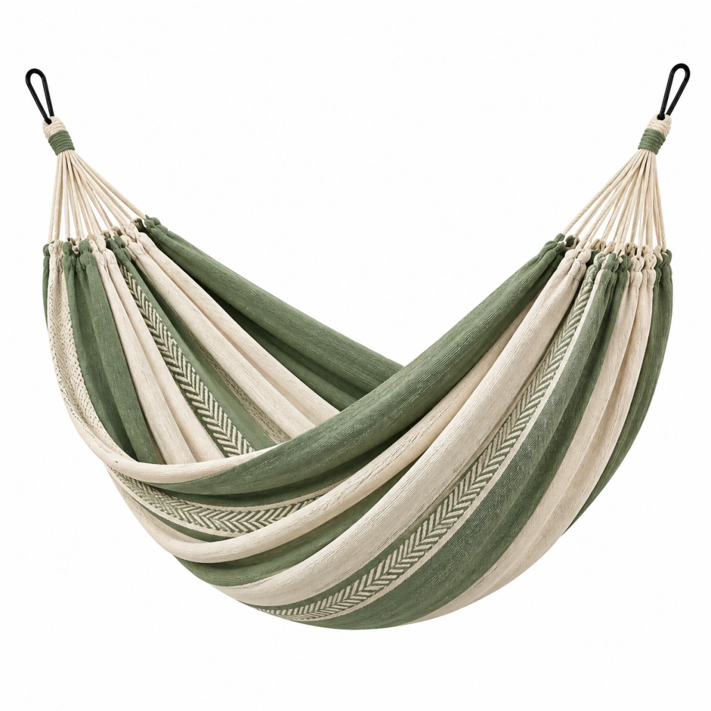 Hängematte 200 x 150 cm aus Textilgewebe Grün Creme mit Metallaufhängungen im Boho-Stil
