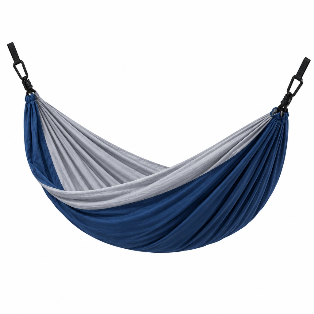 Hängematte 270 x 140 cm aus Nylon Blau Grau mit Karabinern für Garten und Camping