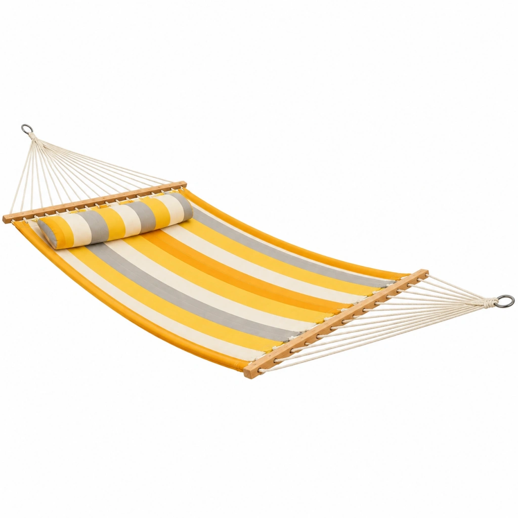 Hängematte 320 x 140 cm Baumwolle Gelb Grau Gestreift Mit Holzspreizstäben Für Garten