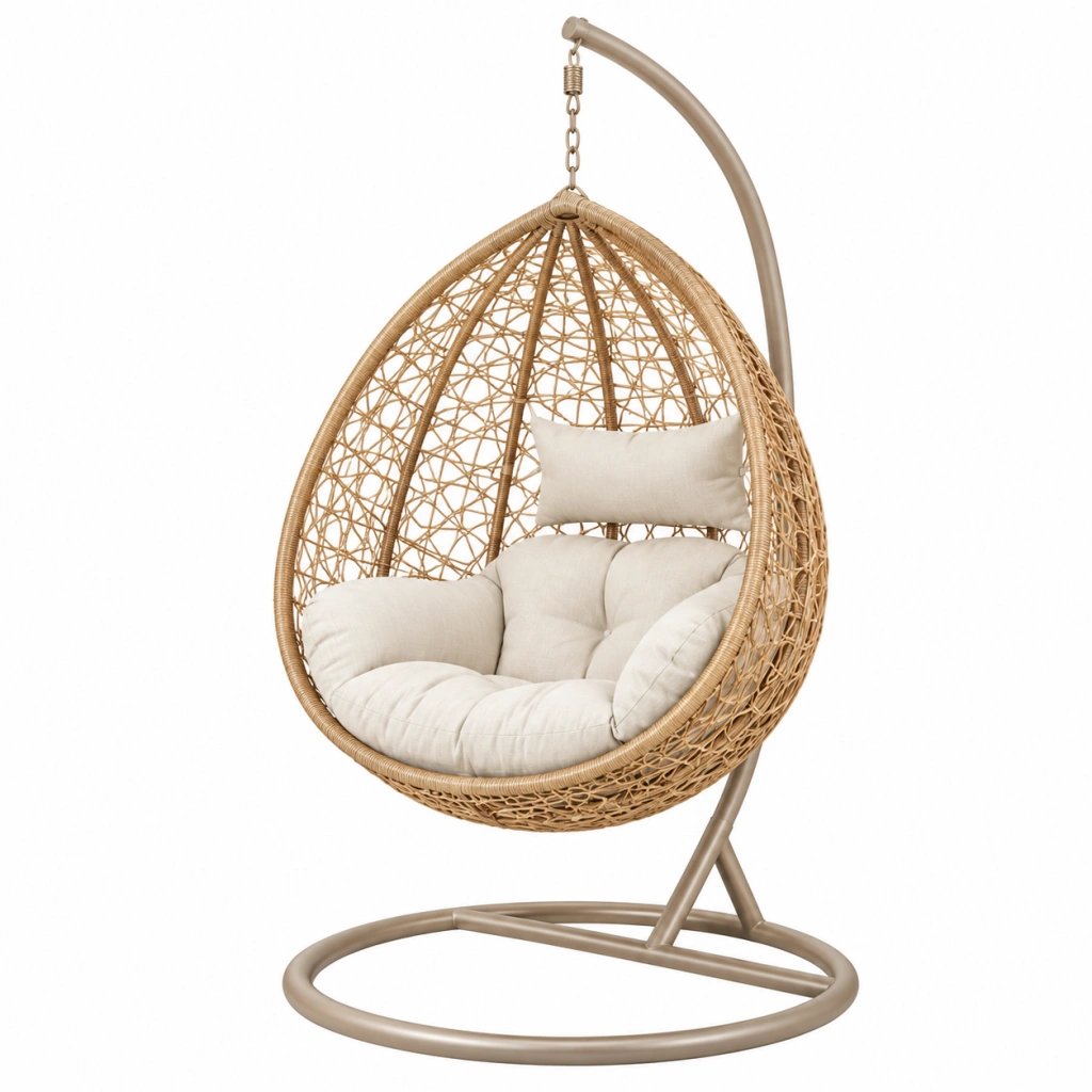 Hängesessel 105 x 105 x 195 cm in Naturbeige mit Metallgestell im Boho-Stil