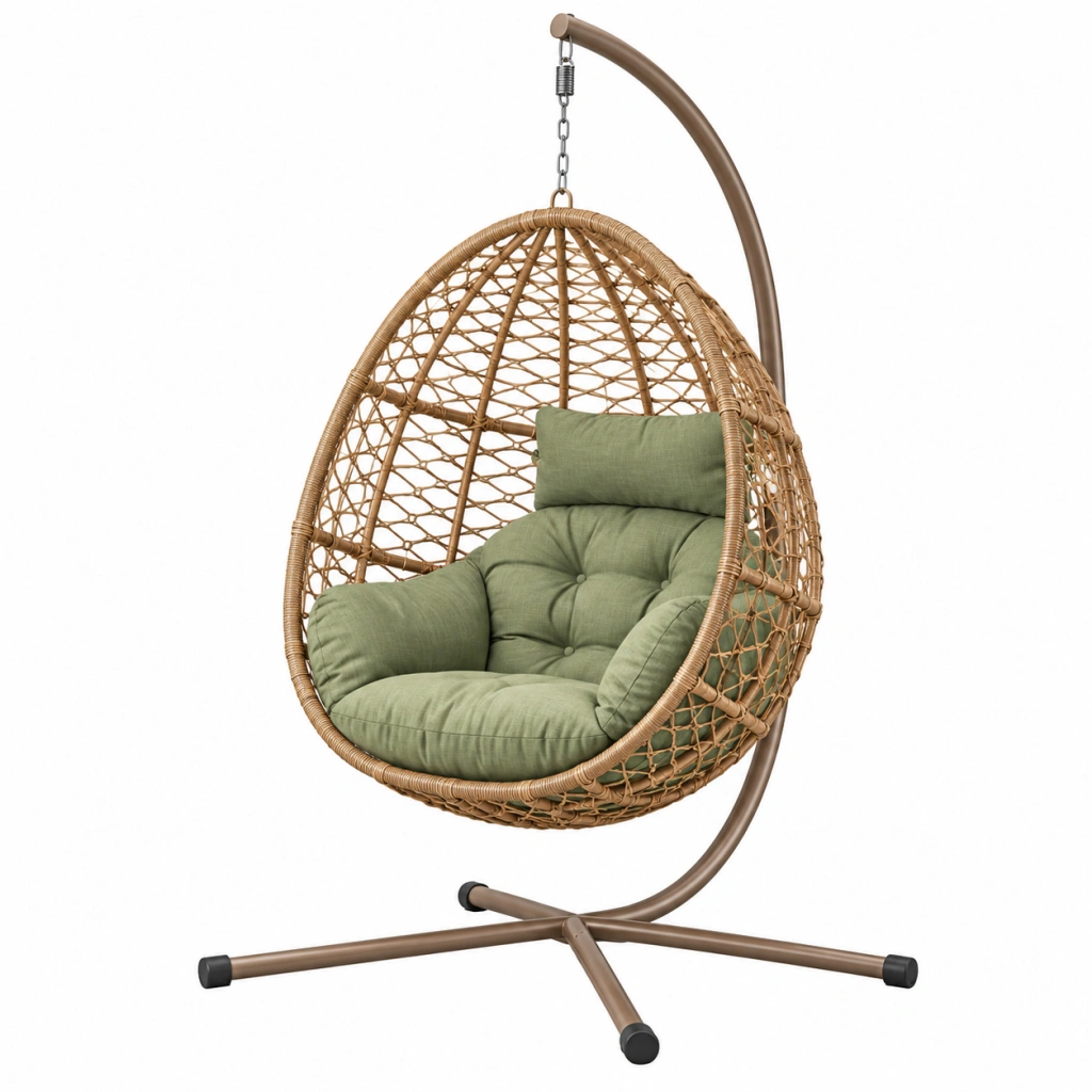 Hängesessel 105 x 105 x 195 cm Metall Geflecht Braun Grün mit Standgestell für Garten und Balkon