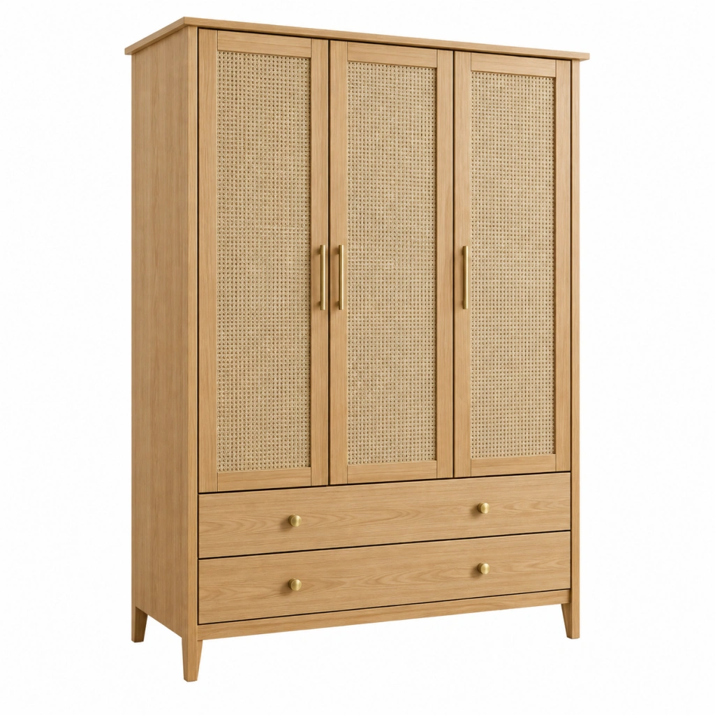 Kleiderschrank 120 x 55 x 200 cm aus Holz in Natur mit Rattangeflecht und 3 Türen
