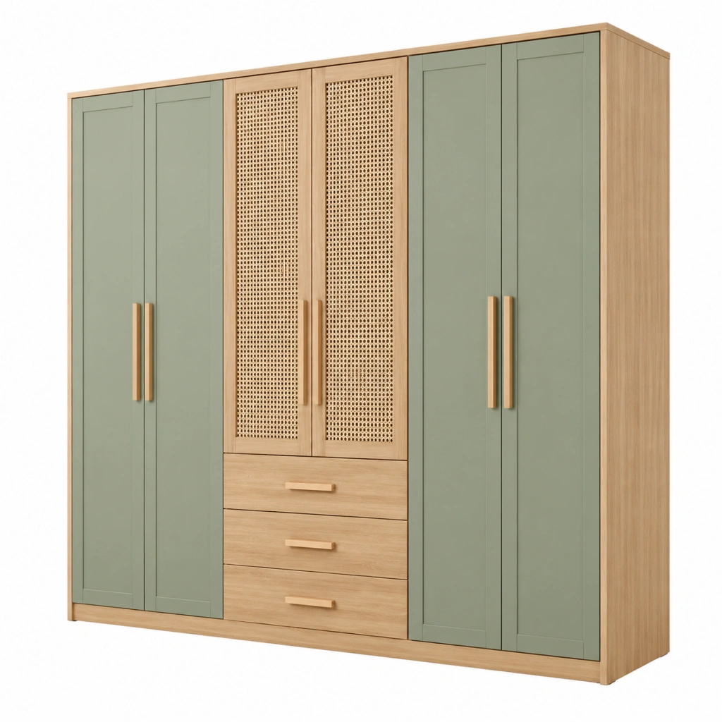 Kleiderschrank 200 x 60 x 200 cm Holzwerkstoff Grün/Natur mit Rattangeflecht Boho