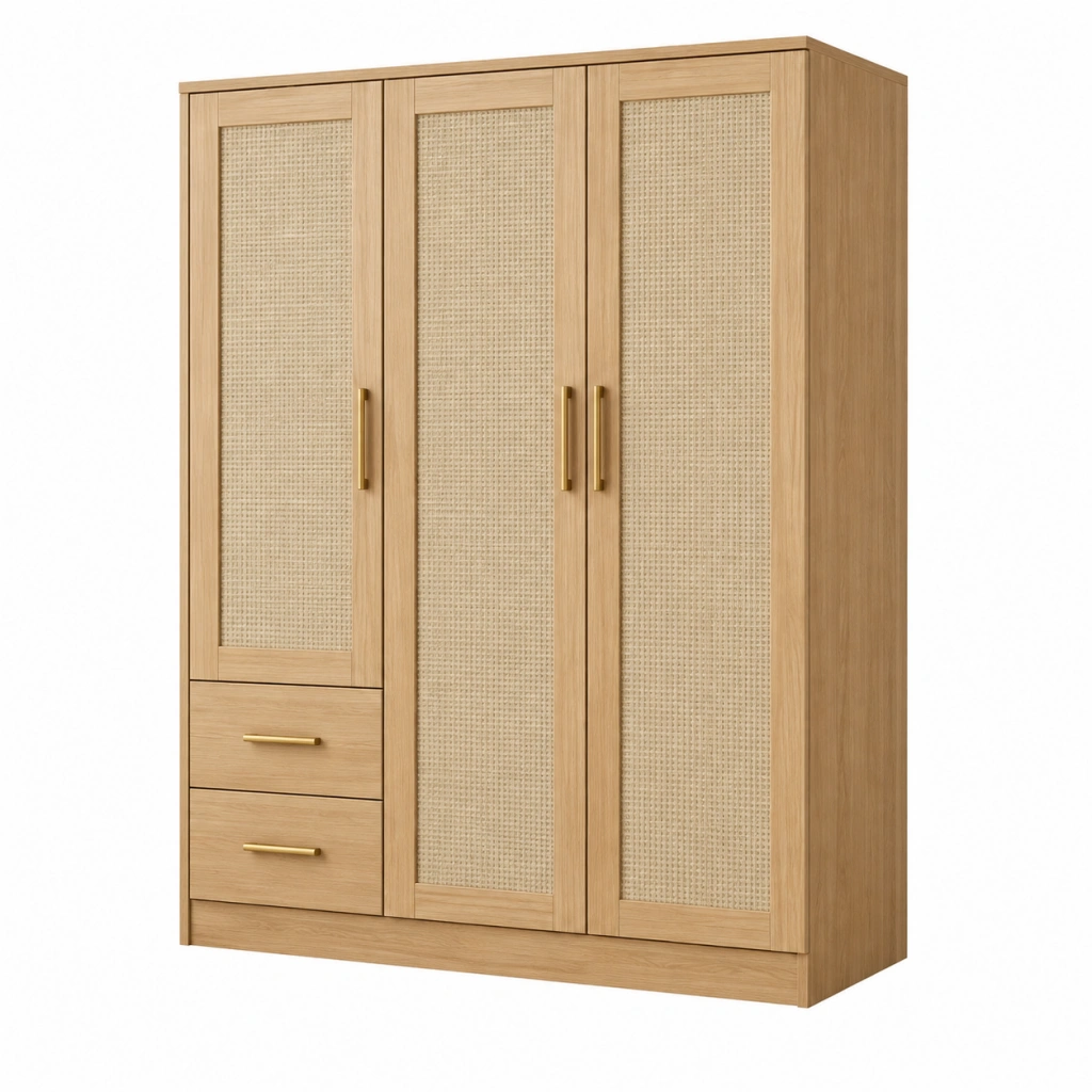 Kleiderschrank 150 x 55 x 200 cm in Eichenoptik mit Rattangeflecht und 3 Türen