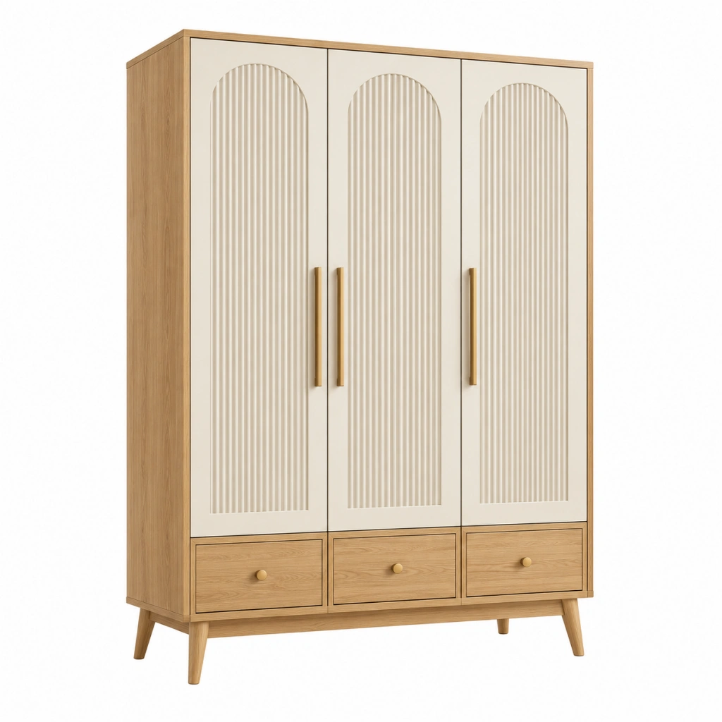 Kleiderschrank 150 x 55 x 190 cm Holzwerkstoff Beige Naturholz mit 3 Türen und Schubladen