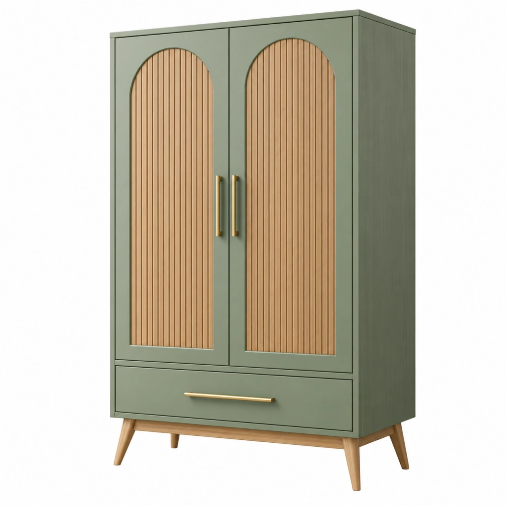 Kleiderschrank 100 x 55 x 180 cm aus Holz in Salbeigrün und Natur mit 2 Türen 1 Schublade und Rillenfront